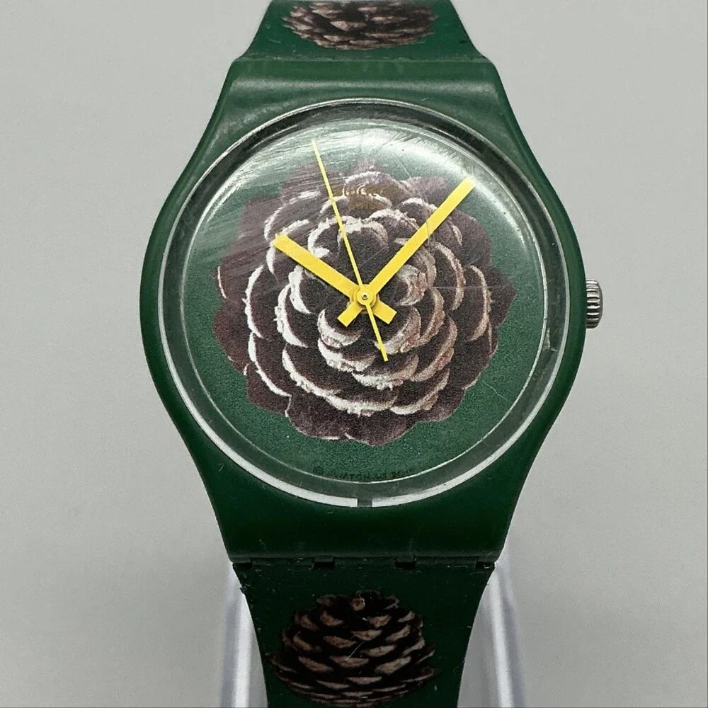 Swatch Pinezone Mens Watch 34mm Green Pinecone Plastic strap New battery